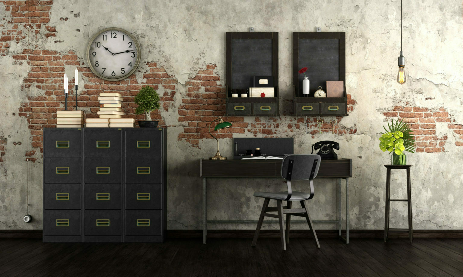 a chair and a desk in a room with a brick wall