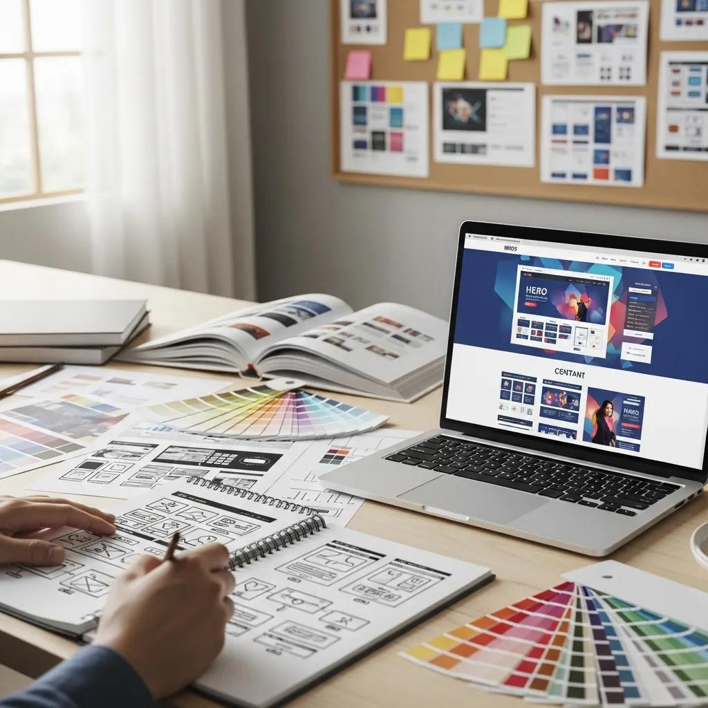 Designer creating a custom website layout with sketches and laptop