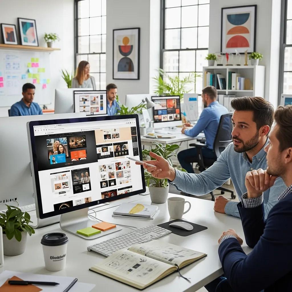 Web design portfolio review in a collaborative office setting