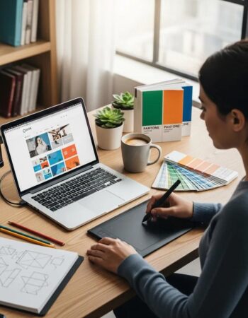 Web designer at a modern workspace creating a website design