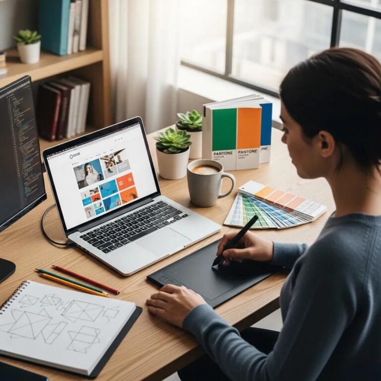 Web designer at a modern workspace creating a website design